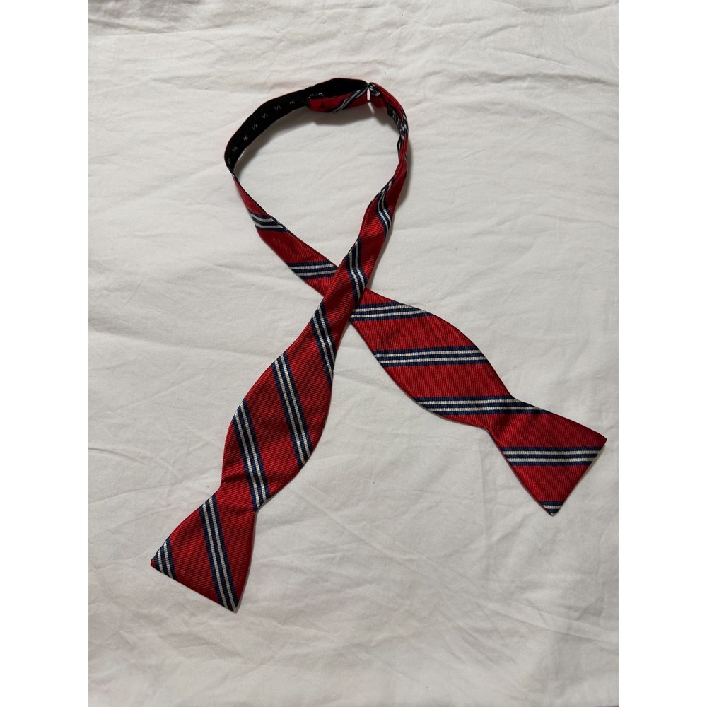 Stuart Hughes Red Navy Blue Stripe Silk Self Tie Bow Tie Adjustable AS IS